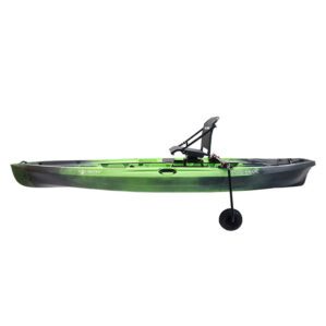 NuCanoe Side Kicks mounted on a green NuCanoe kayak in the down position. They are available at Riverbound Sports.