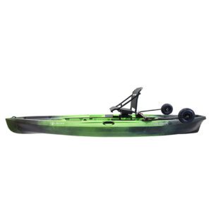 NuCanoe Side Kicks mounted on a green NuCanoe kayak in the up position. They are available at Riverbound Sports.