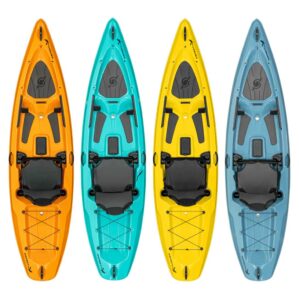 4 Hurricane Osprey kayaks standing up in mango, aqua, yellow, and slate colors at Riverbound Sports.