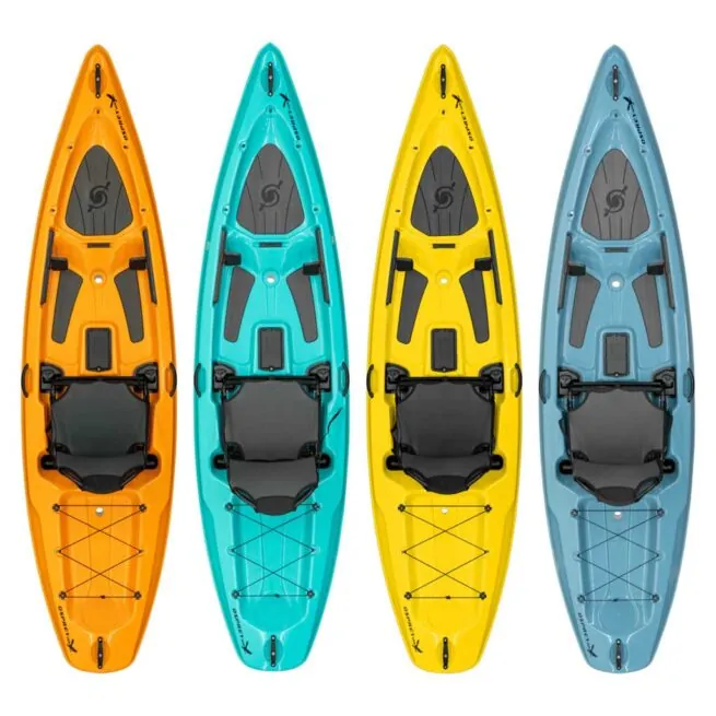 4 Hurricane Osprey kayaks standing up in mango, aqua, yellow, and slate colors at Riverbound Sports.