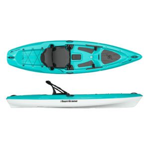 Hurricane Osprey 109 sits atop a kayak split. image, top, and side in aqua color. Available at Riverbound Sports.