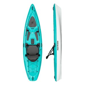 Hurricane Osprey 109 sits atop a kayak split. image, top, and side in aqua color. Available at Riverbound Sports.