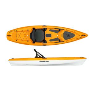 Hurricane Osprey 109 sits atop a kayak split. image, top, and side in mango color. Available at Riverbound Sports.