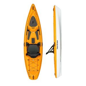 Hurricane Osprey 109 sits atop a kayak split. image, top, and side in mango color. Available at Riverbound Sports.