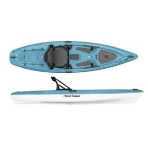 Hurricane Osprey 109 sits atop a kayak split. image, top, and side in slate color. Available at Riverbound Sports.