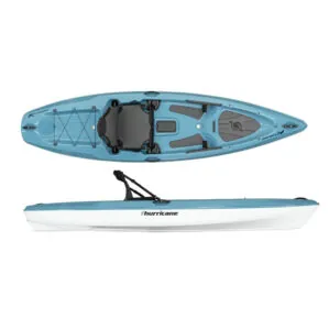 Hurricane Osprey 109 sits atop a kayak split. image, top, and side in slate color. Available at Riverbound Sports.