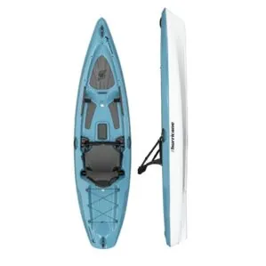 Hurricane Osprey 109 sits atop a kayak split. image, top, and side in slate color. Available at Riverbound Sports.