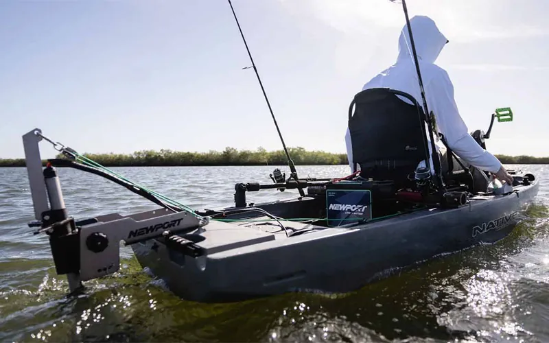 A Native Watercraft fishing kayak setup with a Newport motor. Available at Riverbound Sports in Tempe, Arizona.