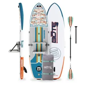 The Bote Boards Easyrider inflatable. 3 Angles of SUP/Yak, paddle, and bag at Riverbound Sports.