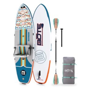 The Bote Boards Easyrider inflatable. 3 Angles of SUP/Yak, paddle, and bag at Riverbound Sports.