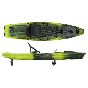 The Native Watercraft Hammer fishing kayak in gator green color split image at Riverbound Sports.