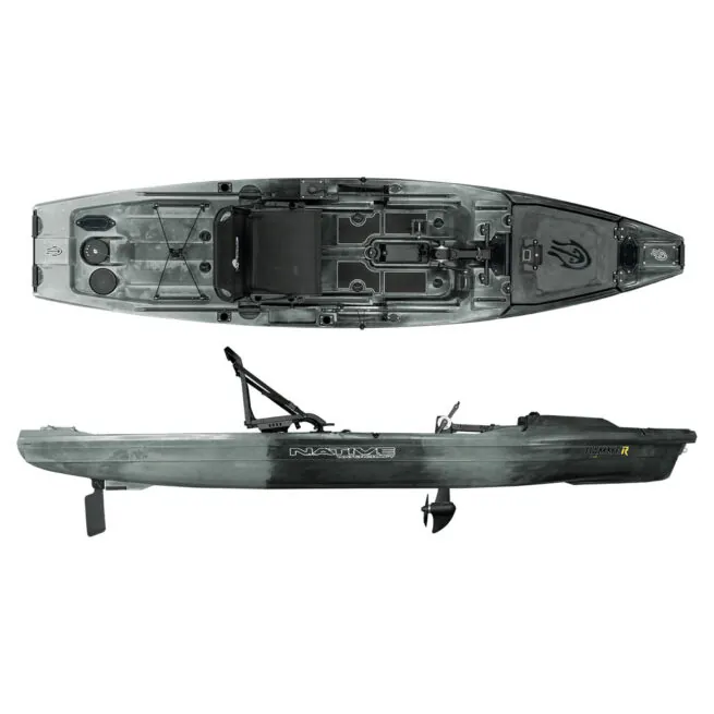 The Native Watercraft Hammer fishing kayak in grey goose color split image at Riverbound Sports.