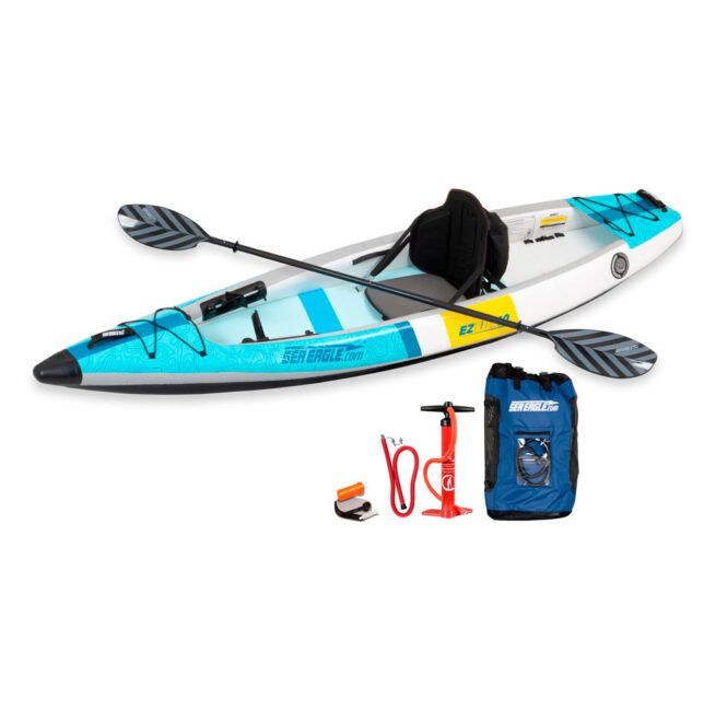 Sea Eagle EZ Lite 10 Inflatable Kayak Pro Package with paddle, pump, and bag.