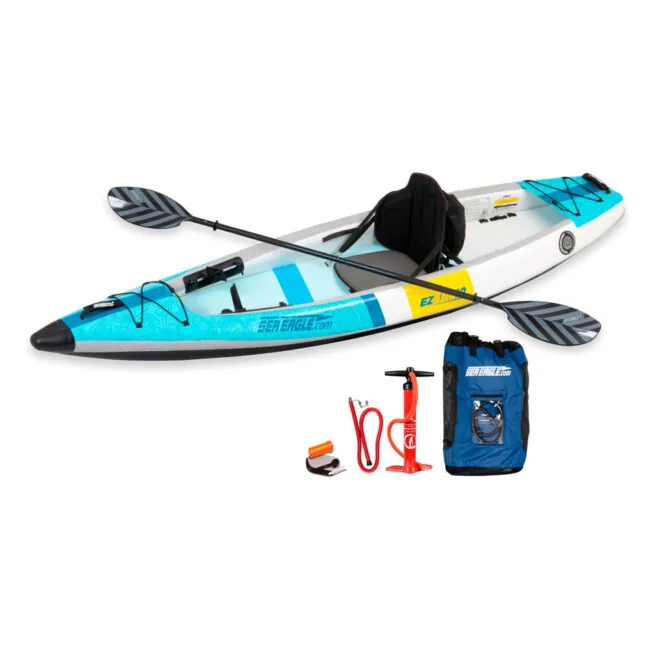 Sea Eagle EZ Lite 10 Inflatable Kayak Pro Package with paddle, pump, and bag.