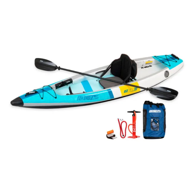 Sea Eagle EZ Lite 10 Inflatable Kayak Pro Carbon Package with paddle, pump, and bag.