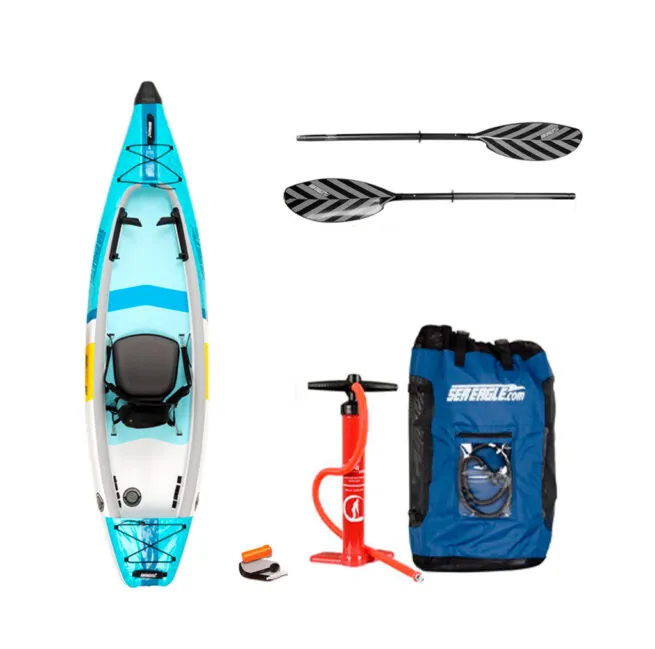 Sea Eagle EZ Lite 10 Inflatable Kayak Package with paddle, pump, and bag.