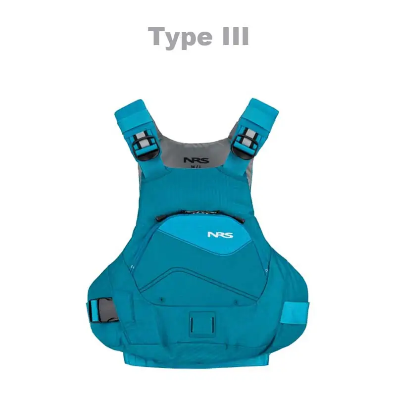 Type III Life Jacket. NRS paddle jacket in teal blue at Riverbound Sports labeled Type II