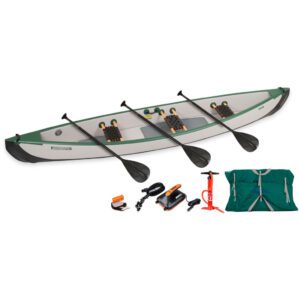 Sea Eagle TC16 Inflatable Canoe Basic Package. Including Canoe, 3 paddles, bag, 12v pump and pump at Riverbound Sports.