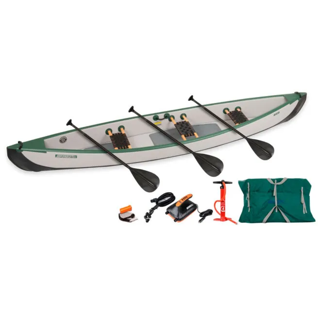Sea Eagle TC16 Inflatable Canoe Basic Package. Including Canoe, 3 paddles, bag, 12v pump and pump at Riverbound Sports.