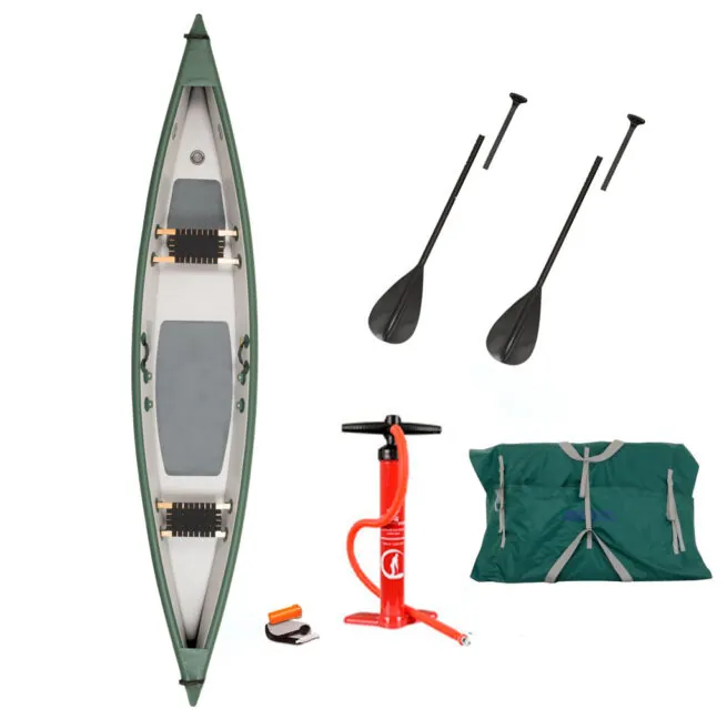 Sea Eagle TC16 Inflatable Canoe Basic Package. Including Canoe, bag, paddles, and pump at Riverbound Sports.