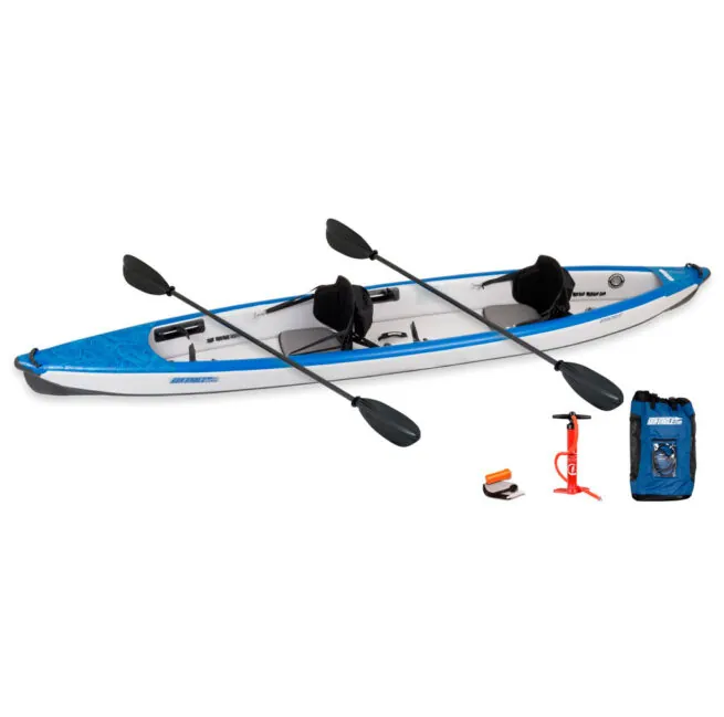 The Sea Eagle 473RL Inflatable Kayak Pro Carbon package with paddle, pump, and bag at Riverbound Sports in Tempe, Arizona.