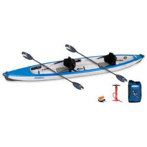 The Sea Eagle 473RL Inflatable Kayak Pro package with paddle, pump, and bag at Riverbound Sports in Tempe, Arizona.