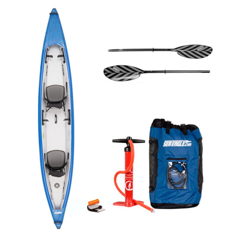 The Sea Eagle 473RL Inflatable Kayak Pro package with paddle, pump, and bag at Riverbound Sports in Tempe, Arizona.
