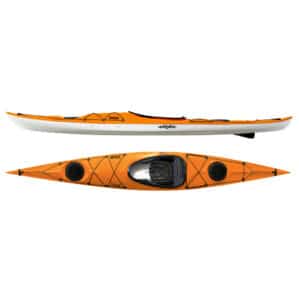 Top and side view of Eddyline Sitka 140 touring kayak in mango color showing sleek, lightweight hull