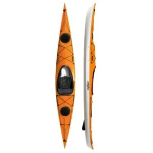 Top and side view of Eddyline Sitka 140 touring kayak in mango color showing sleek, lightweight hull