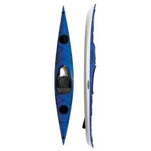 Top and side view of Eddyline Sitka 140 touring kayak in sapphire blue color showing sleek, lightweight hull