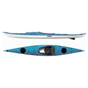 Top and side view of Eddyline Sitka 140 touring kayak in teal color showing sleek, lightweight hull