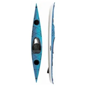 Top and side view of Eddyline Sitka 140 touring kayak in teal color showing sleek, lightweight hull