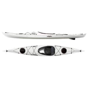 Top and side view of Eddyline Sitka 140 touring kayak in white color showing sleek, lightweight hull