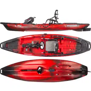 Three-angle view of the Jackson Kayak Bite FD pedal fishing kayak showing the side profile with Flex Drive system, top view of the open deck layout with gear tracks and Comfort Seat 5.0, and bottom view highlighting the stable hull design, tracking channels, and drive pod placement.
