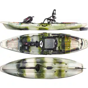 Three-angle view of the Jackson Kayak Bite FD pedal fishing kayak showing the side profile with Flex Drive system, top view of the open deck layout with gear tracks and Comfort Seat 5.0, and bottom view highlighting the stable hull design, tracking channels, and drive pod placement.”
