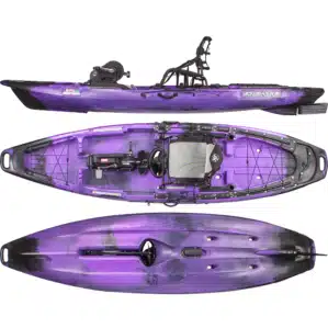 Three-angle view of the Jackson Kayak Bite FD pedal fishing kayak showing the side profile with Flex Drive system, top view of the open deck layout with gear tracks and Comfort Seat 5.0, and bottom view highlighting the stable hull design, tracking channels, and drive pod placement.