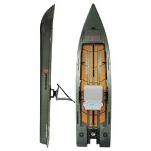 Crescent Kayaks Cres-Craft 13.6 power kayak micro-skiff in moonrock color, shown top and side view with elevated seat, open standing deck, and transom motor mount.