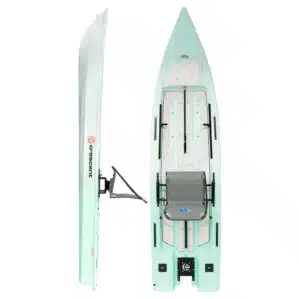 Crescent Kayaks Cres-Craft 13.6 power kayak micro-skiff in seafoam color, shown top and side view with elevated seat, open standing deck, and transom motor mount.