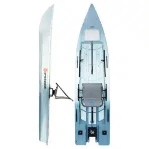 Crescent Kayaks Cres-Craft 13.6 power kayak micro-skiff in sky color, shown top and side view with elevated seat, open standing deck, and transom motor mount.