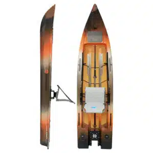 Crescent Kayaks Cres-Craft 13.6 power kayak micro-skiff in timber color, shown top and side view with elevated seat, open standing deck, and transom motor mount.