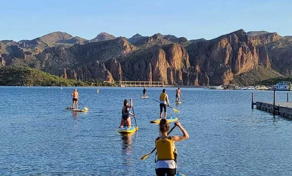 Saguaro Lake group paddleboarding. Riverbound Paddle Company Tours.